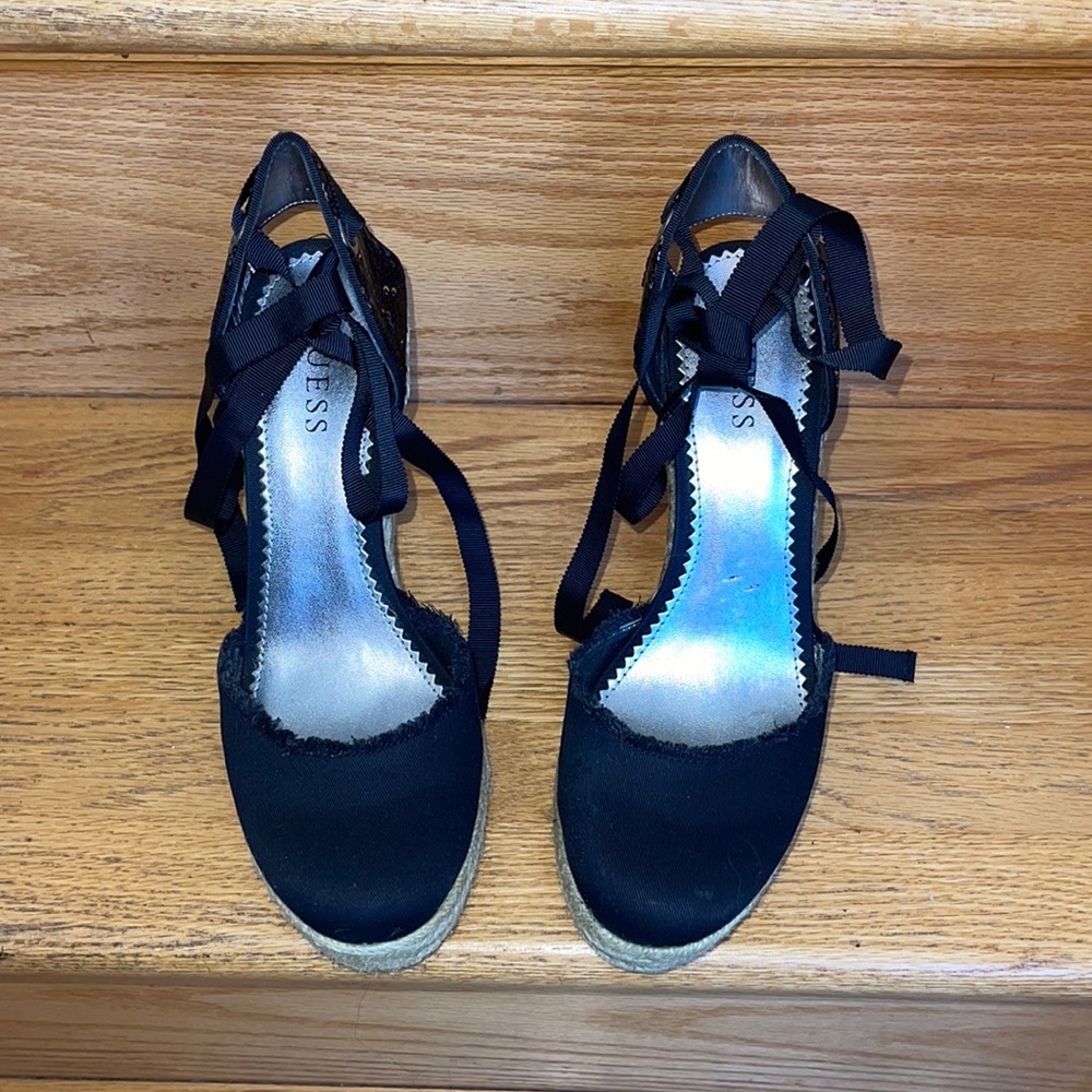Guess 8half black with sequins tan Wedges new